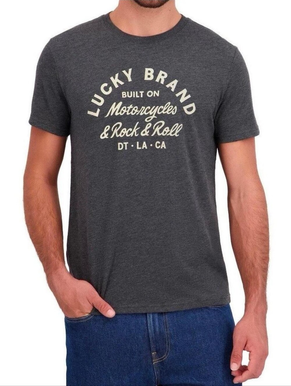 Lucky Brand Men's Charcoal Graphic Tee with White Script Logo